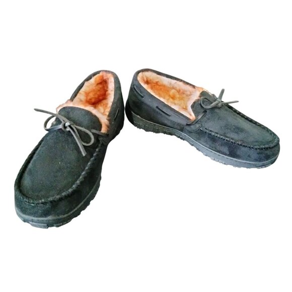 Moccasin Slippers Microsuede Upper Plush Lining Rubber Sole Black Mens Size 10 - Picture 2 of 11